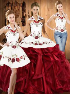 Simple Wine Red Lace Up Halter Top Embroidery and Ruffles Quinceanera Gowns Organza Sleeveless
