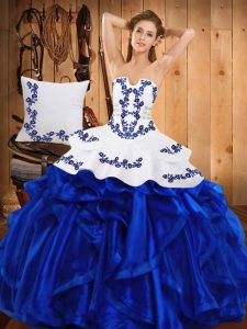 Embroidery and Ruffles 15th Birthday Dress Blue Lace Up Sleeveless Floor Length