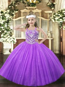 Charming Lavender Little Girls Pageant Dress Party and Quinceanera with Beading Straps Sleeveless Lace Up