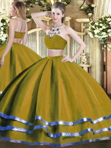 High-neck Sleeveless Backless Quinceanera Dress Olive Green Tulle