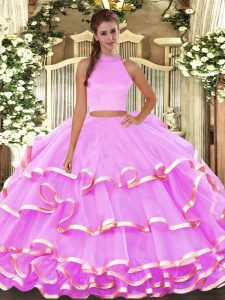 Extravagant Lilac Backless Halter Top Beading and Ruffled Layers Sweet 16 Quinceanera Dress Organza Sleeveless
