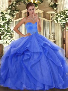 Blue Lace Up 15 Quinceanera Dress Beading and Ruffles Sleeveless Floor Length