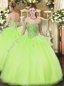 Admirable Yellow Green Lace Up 15th Birthday Dress Beading and Ruffles Sleeveless Floor Length