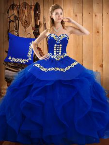 Sleeveless Organza Floor Length Lace Up Quinceanera Dress in Blue with Embroidery and Ruffles
