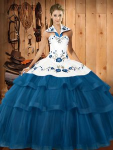 Modest Sleeveless Embroidery and Ruffled Layers Lace Up Quinceanera Gowns with Blue Sweep Train