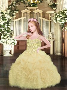 Charming Champagne Organza Lace Up Spaghetti Straps Sleeveless Asymmetrical High School Pageant Dress Appliques and Ruff