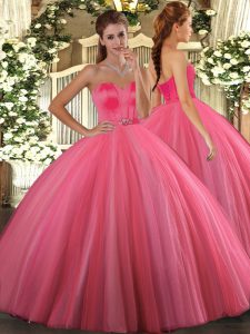 Captivating Coral Red Ball Gowns Beading 15 Quinceanera Dress Lace Up Tulle Sleeveless Floor Length