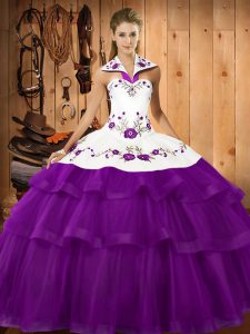 Sweep Train Ball Gowns 15 Quinceanera Dress Purple Halter Top Organza Sleeveless Lace Up