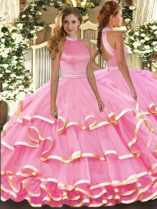 Halter Top Sleeveless Backless Quinceanera Gowns Pink Organza