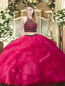Decent Ball Gowns Ball Gown Prom Dress Hot Pink Halter Top Organza Sleeveless Floor Length Zipper