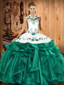Customized Satin and Organza Halter Top Sleeveless Lace Up Embroidery and Ruffles 15 Quinceanera Dress in Turquoise