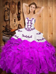Dazzling Floor Length Purple Quinceanera Dresses Satin and Organza Sleeveless Embroidery and Ruffles