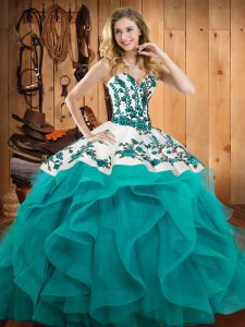 Teal 15th Birthday Dress Military Ball and Sweet 16 and Quinceanera with Embroidery and Ruffles Sweetheart Sleeveless La