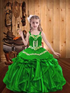 Green Ball Gowns Straps Sleeveless Organza Floor Length Lace Up Embroidery and Ruffles Pageant Dress for Girls