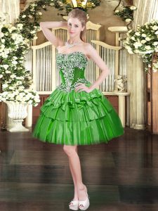 Attractive Sleeveless Mini Length Beading and Ruffled Layers Lace Up Prom Gown with Green