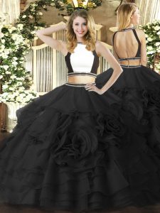 Modest Floor Length Zipper Ball Gown Prom Dress Black for Military Ball and Sweet 16 and Quinceanera with Ruffled Layers