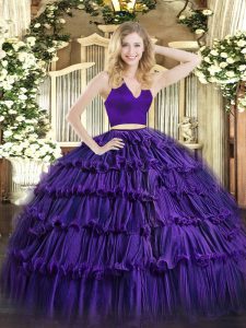 Purple Zipper Halter Top Ruffled Layers 15 Quinceanera Dress Organza Sleeveless