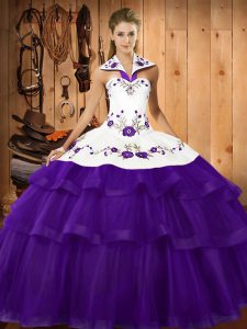 Ideal Purple Sleeveless Sweep Train Embroidery and Ruffled Layers Quinceanera Gowns