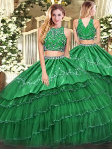 Floor Length Green Sweet 16 Dress Tulle Sleeveless Beading and Embroidery and Ruffled Layers