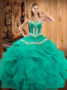 Turquoise Sweetheart Lace Up Embroidery and Ruffles Quinceanera Gowns Sleeveless