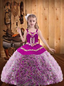 Affordable Sleeveless Floor Length Embroidery and Ruffles Lace Up Little Girls Pageant Dress with Multi-color