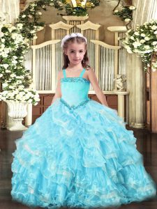 Light Blue Little Girl Pageant Gowns Party and Quinceanera with Appliques and Ruffled Layers Straps Sleeveless Lace Up