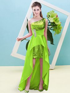 One Shoulder Sleeveless Prom Gown High Low Beading and Sequins Yellow Green Elastic Woven Satin and Sequined