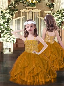 Enchanting Brown Lace Up Little Girls Pageant Dress Beading and Ruffles Sleeveless Floor Length
