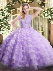 Custom Designed Lace and Ruffled Layers Quinceanera Gowns Lavender Backless Sleeveless Floor Length