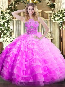 Flare Lilac Ball Gowns Halter Top Sleeveless Organza Floor Length Zipper Ruffled Layers Vestidos de Quinceanera