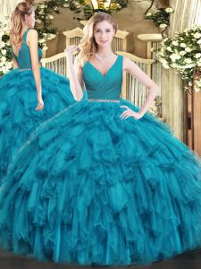 Floor Length Teal Quince Ball Gowns Tulle Sleeveless Beading and Ruffles