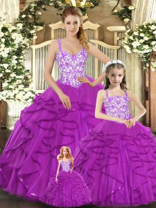 Fuchsia Straps Neckline Beading and Ruffles 15th Birthday Dress Sleeveless Lace Up