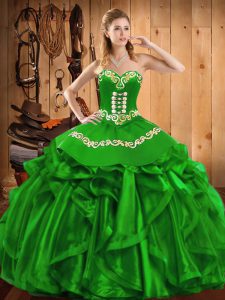 Green Organza Lace Up Sweetheart Sleeveless Floor Length Sweet 16 Dresses Embroidery and Ruffles