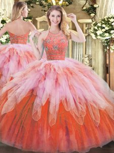 Floor Length Multi-color Sweet 16 Dresses Halter Top Sleeveless Zipper