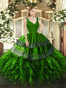 Most Popular Green Ball Gowns Organza V-neck Sleeveless Beading and Appliques and Ruffles Floor Length Zipper Quinceaner
