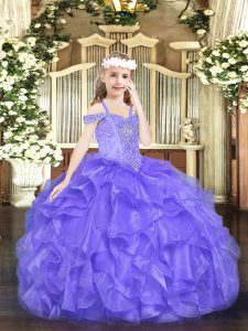 Nice Organza Off The Shoulder Sleeveless Lace Up Beading and Ruffles Child Pageant Dress in Lavender