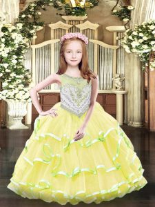 Yellow Zipper Pageant Gowns For Girls Beading and Ruffled Layers Sleeveless Floor Length