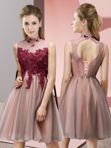 Peach Tulle Lace Up Bridesmaids Dress Sleeveless Knee Length Appliques