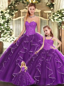 Purple Sleeveless Organza Lace Up Quinceanera Dress for Military Ball and Sweet 16 and Quinceanera