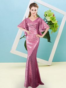 Fancy Half Sleeves Floor Length Sequins Zipper Prom Evening Gown with Pink