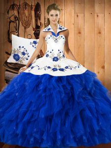 Modest Embroidery and Ruffles Ball Gown Prom Dress Blue And White Lace Up Sleeveless Floor Length