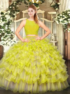 Yellow Green 15th Birthday Dress Military Ball and Sweet 16 and Quinceanera with Ruffled Layers Scoop Sleeveless Zipper