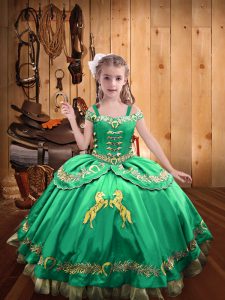 Turquoise Ball Gowns Satin Off The Shoulder Sleeveless Beading and Embroidery Floor Length Lace Up Little Girls Pageant 