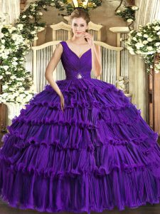 Extravagant Floor Length Purple Sweet 16 Dresses V-neck Sleeveless Backless