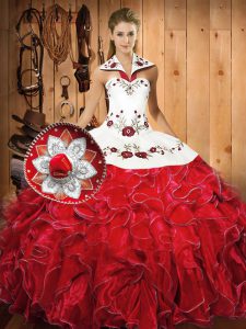 Suitable Halter Top Sleeveless Satin and Organza Sweet 16 Dresses Embroidery and Ruffles Lace Up