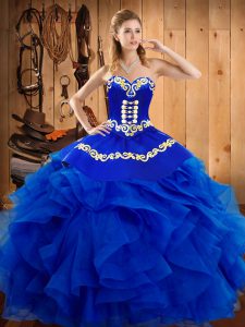 Unique Sleeveless Satin and Organza Floor Length Lace Up Quinceanera Dress in Royal Blue with Embroidery and Ruffles