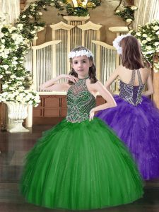 Halter Top Sleeveless Tulle Pageant Gowns For Girls Beading and Ruffles Lace Up