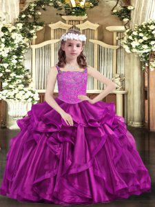 Fuchsia Organza Lace Up Straps Sleeveless Floor Length Child Pageant Dress Beading and Ruffles