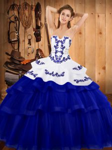 Popular Strapless Sleeveless Sweep Train Lace Up Sweet 16 Dress Royal Blue Tulle