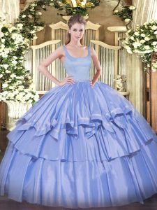 Blue Ball Gowns Straps Sleeveless Taffeta Floor Length Zipper Beading and Ruffled Layers Quince Ball Gowns